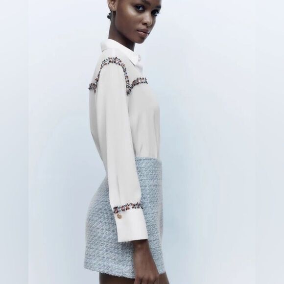 Zara Combination Textured Tweed Trim Chiffon Button Down Shirt in White size S - Picture 2 of 16
